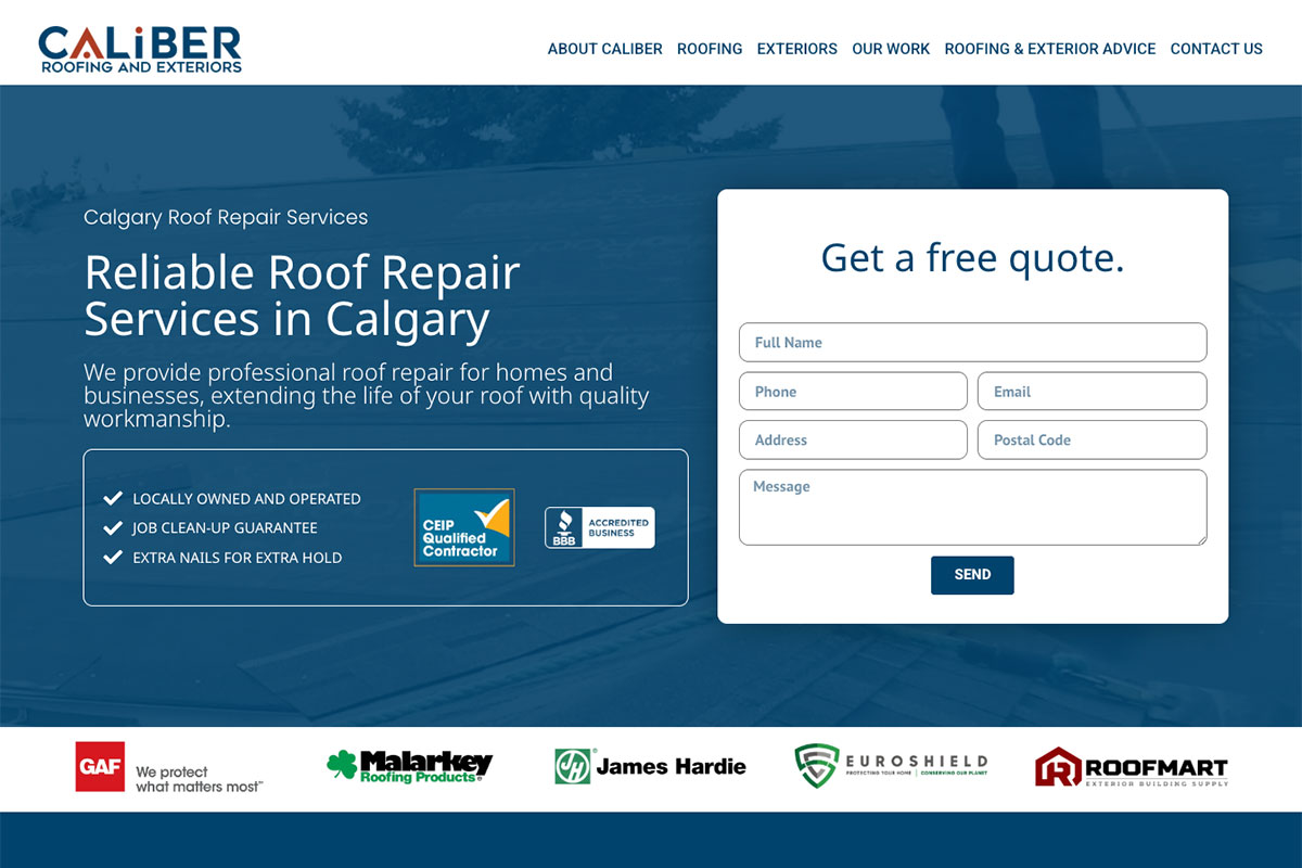 Caliber Roofing and Exteriors website page